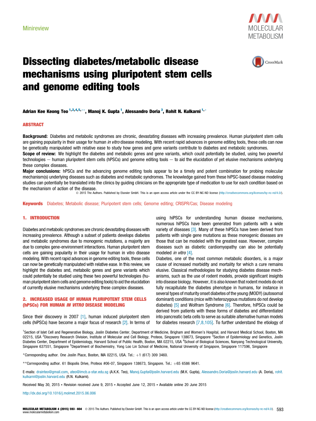 Dissecting Diabetes/Metabolic Disease Mechanisms Using Pluripotent Stem Cells and Genome Editing Tools