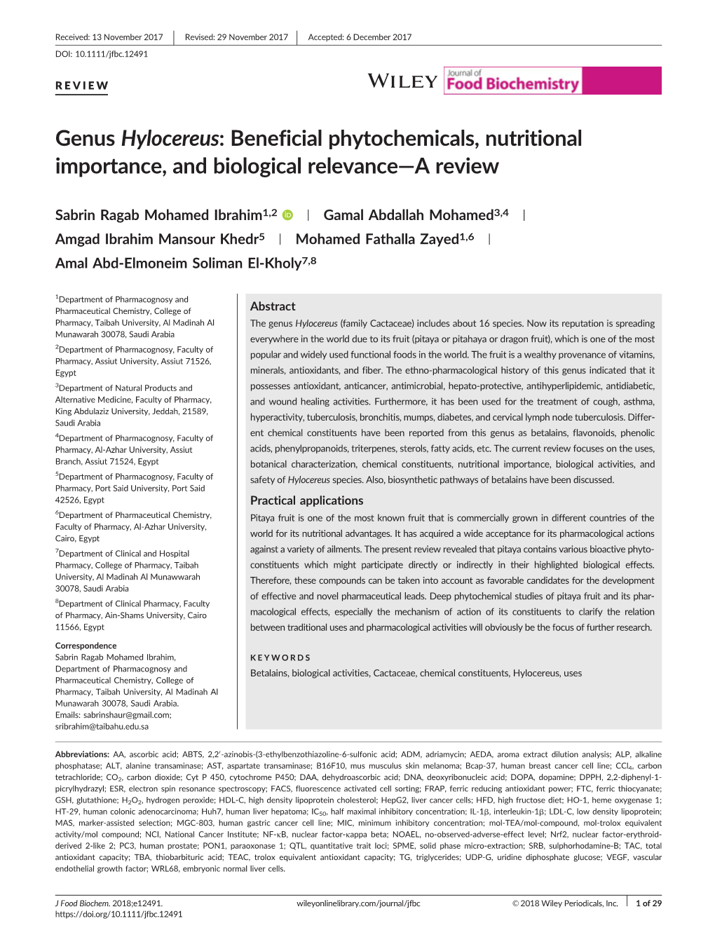 Genus Hylocereus: Beneficial Phytochemicals, Nutritional Importance, and Biological Relevance—Areview