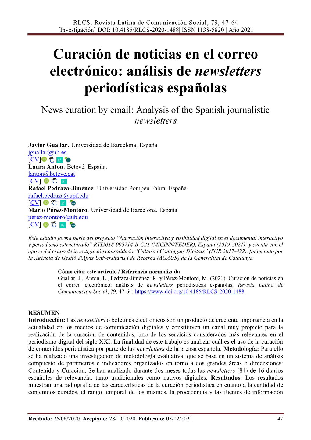 Curación De Noticias En El Correo Electrónico: Análisis De Newsletters Periodísticas Españolas