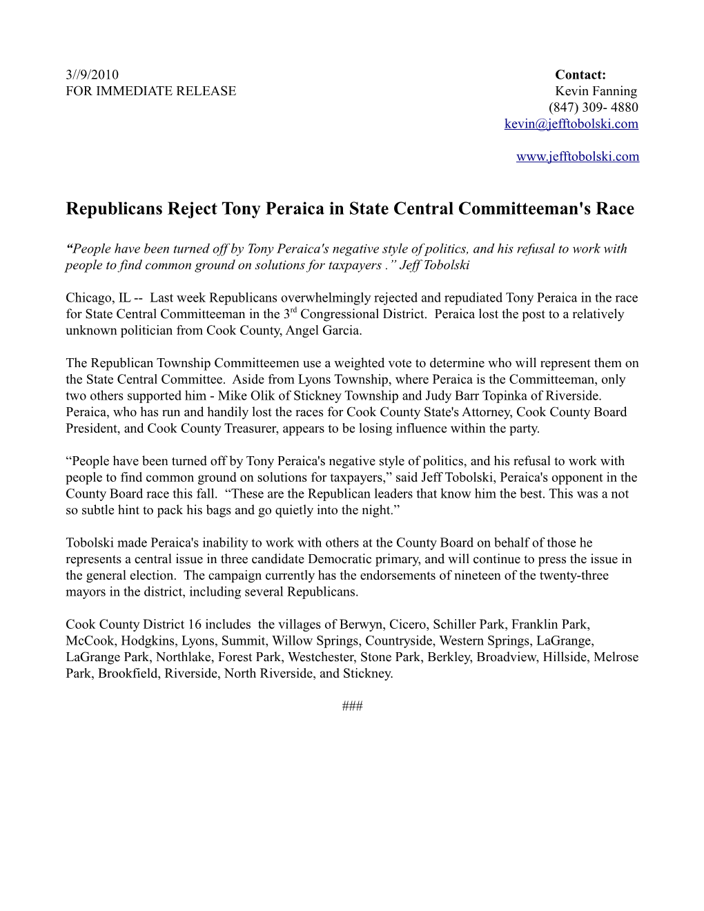 Republicans Reject Tony Peraica in State Central Committeeman's Race