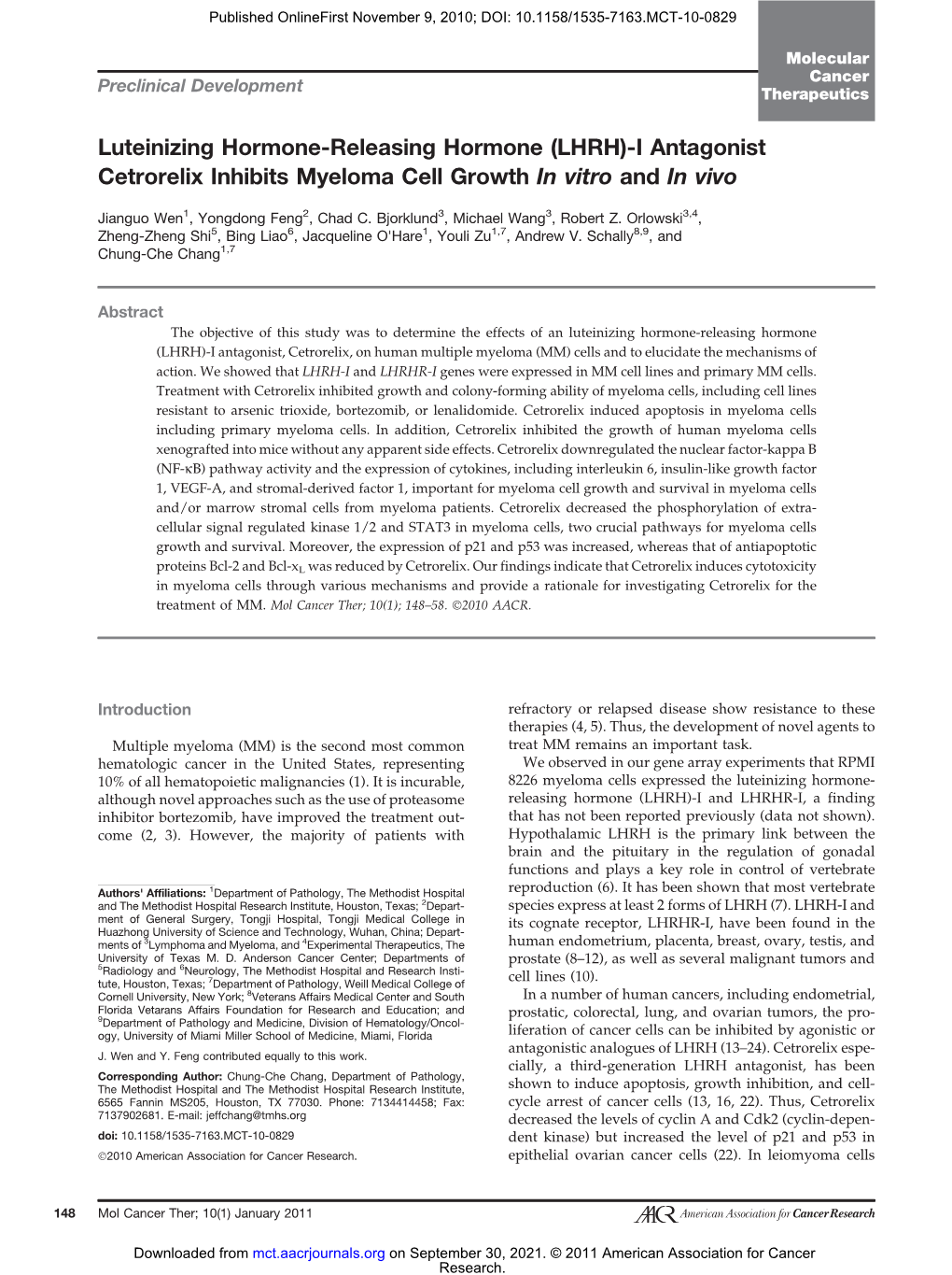 Luteinizing Hormone-Releasing Hormone (LHRH)-I Antagonist Cetrorelix Inhibits Myeloma Cell Growth in Vitro and in Vivo