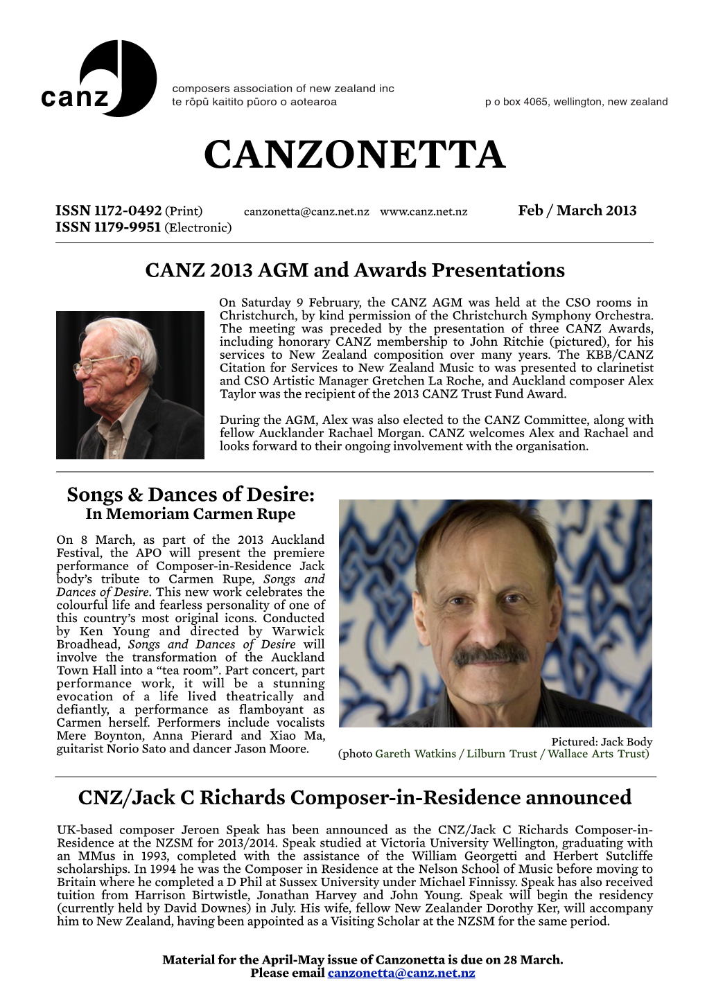 February 2013 Canzonetta 32Nd CANZ Nelson Composers Workshop