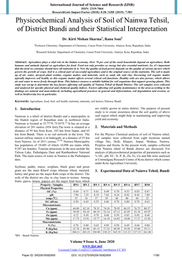 Physicochemical Analysis of Soil of Nainwa Tehsil, of District Bundi and Their Statistical Interpretation