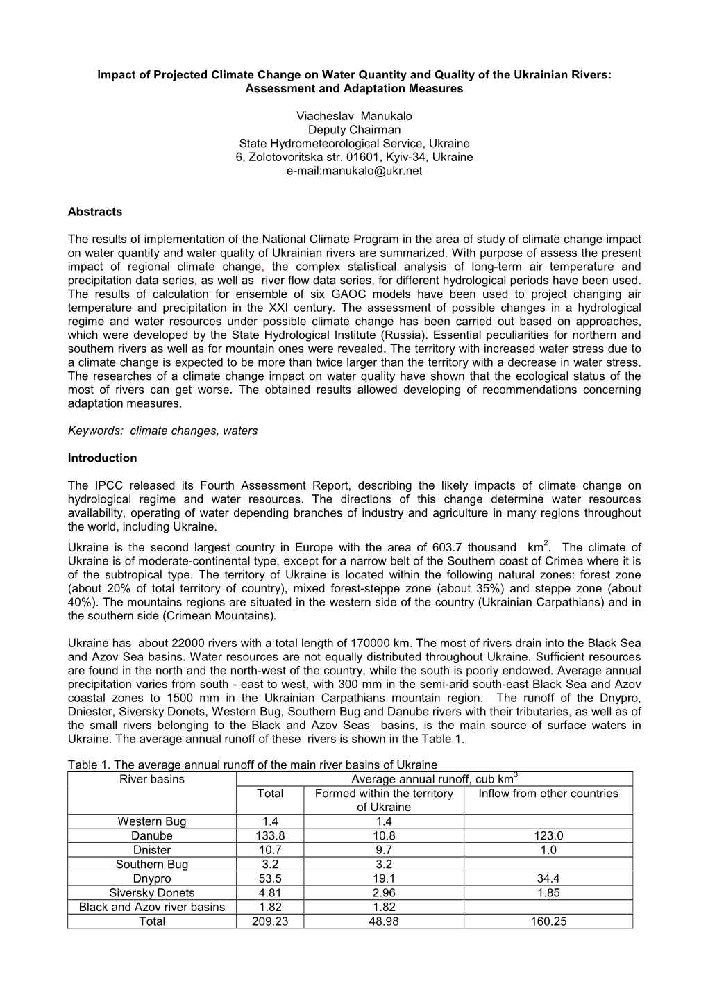 Impact of Projected Climate Change on Water Quantity and Quality of the Ukrainian Rivers: Assessment and Adaptation Measures