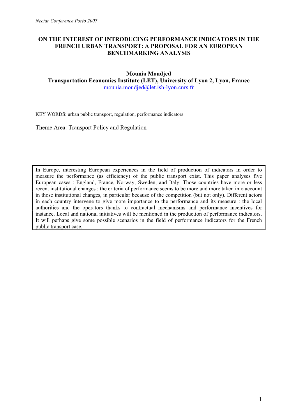 On the Interest of Introducing Performance Indicators in the French Urban Transport: a Proposal for an European Benchmarking Analysis