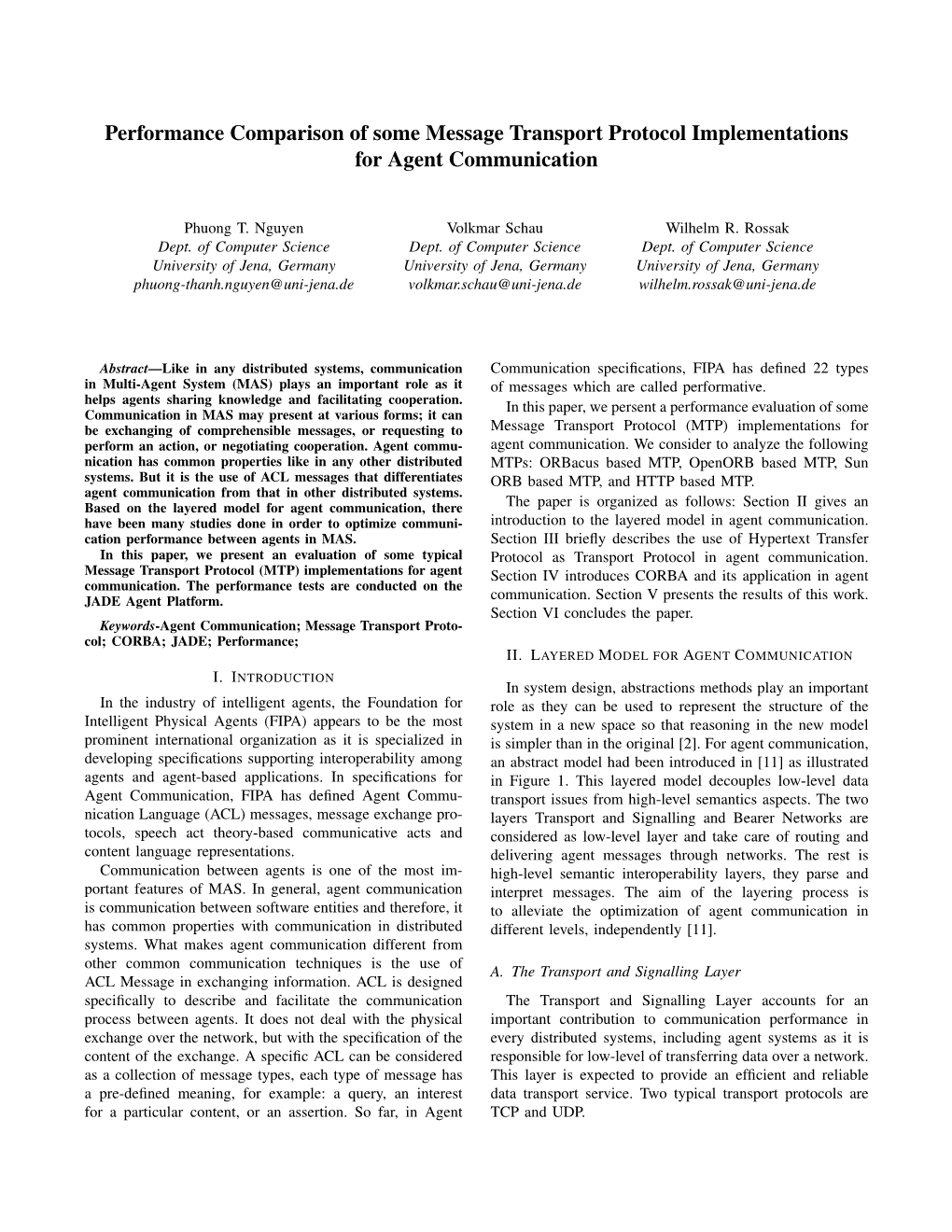 Performance Comparison of Some Message Transport Protocol Implementations for Agent Communication