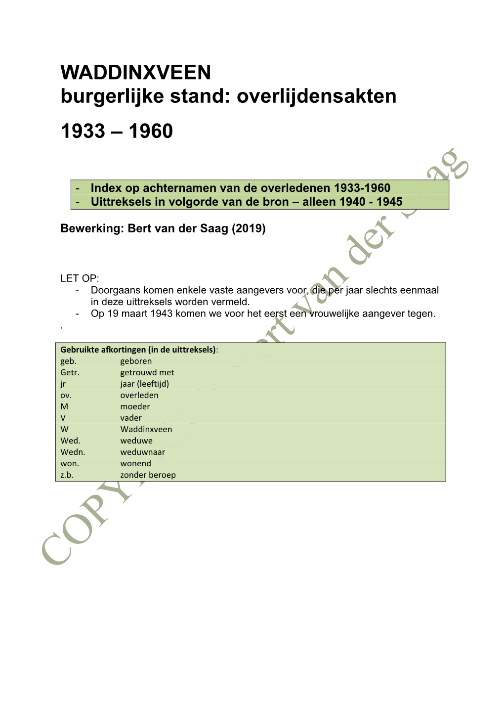 WADDINXVEEN Burgerlijke Stand: Overlijdensakten 1933 – 1960