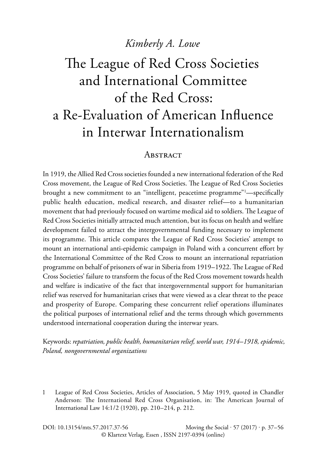 The League of Red Cross Societies and International Committee of the Red Cross: a Re-Evaluation of American Influence in Interwar Internationalism