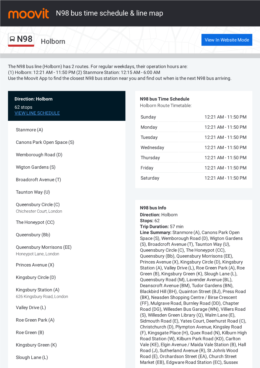 N98 Bus Time Schedule & Line Route