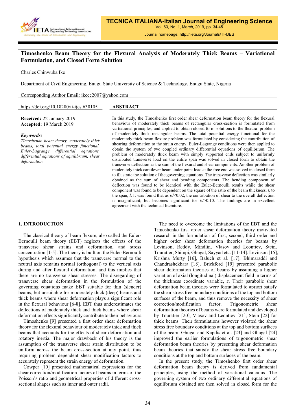 Timoshenko Beam Theory for the Flexural Analysis of Moderately Thick Beams – Variational Formulation, and Closed Form Solution