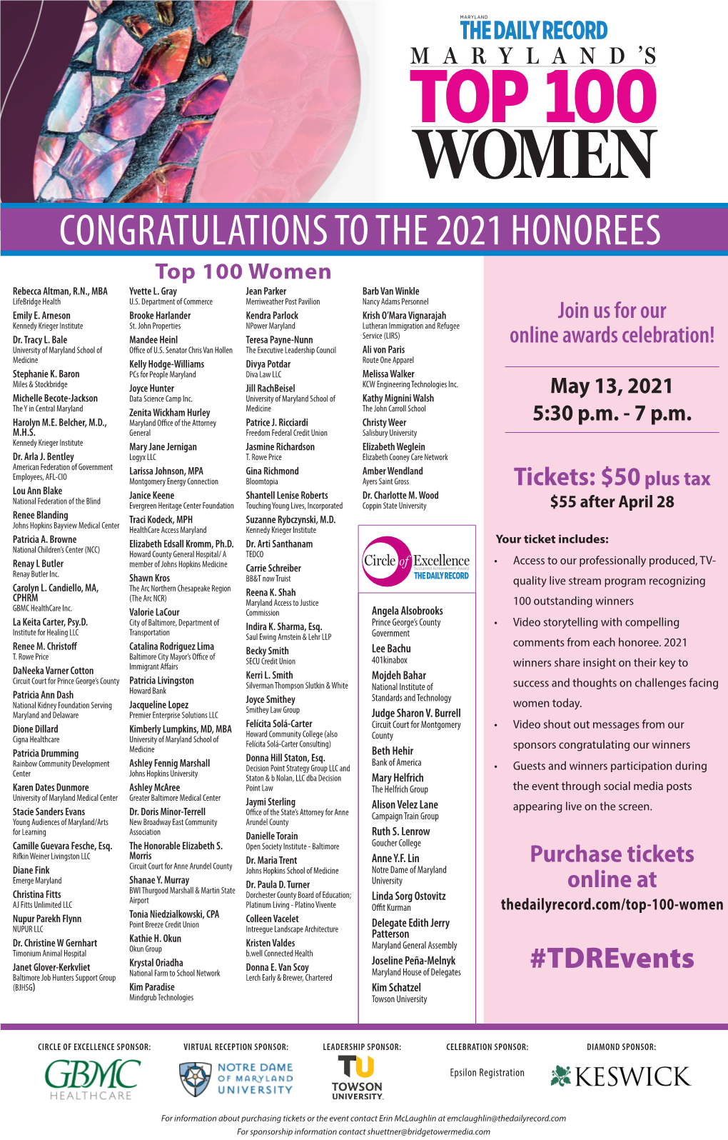 CONGRATULATIONS to the 2021 HONOREES Top 100 Women Rebecca Altman, R.N., MBA Yvette L