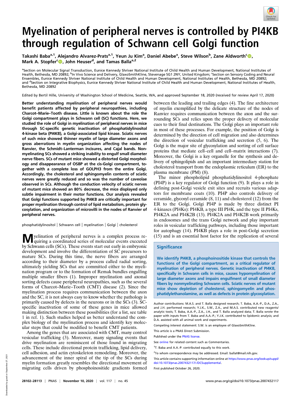 Myelination of Peripheral Nerves Is Controlled by PI4KB Through Regulation of Schwann Cell Golgi Function