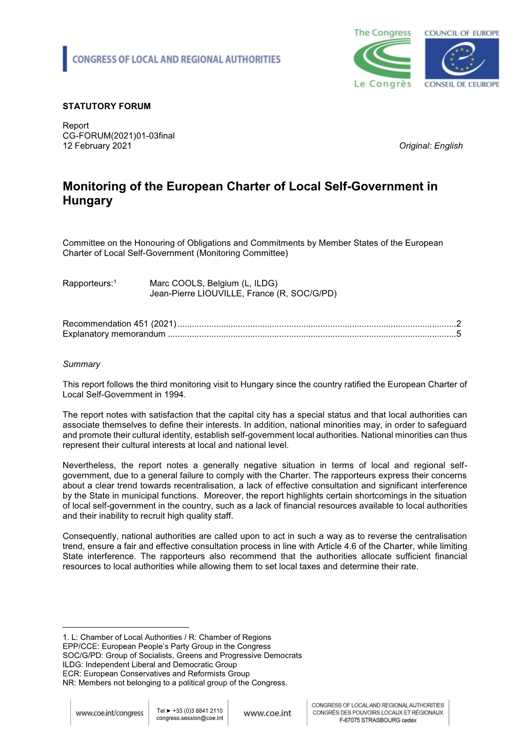 Monitoring of the European Charter of Local Self-Government in Hungary