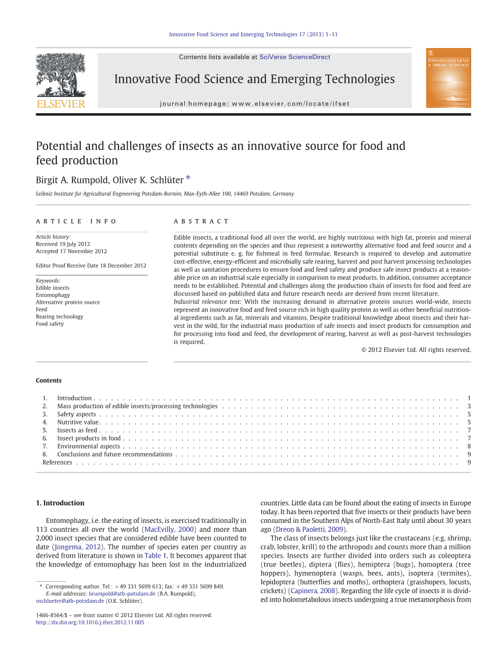 Potential and Challenges of Insects As an Innovative Source for Food and Feed Production