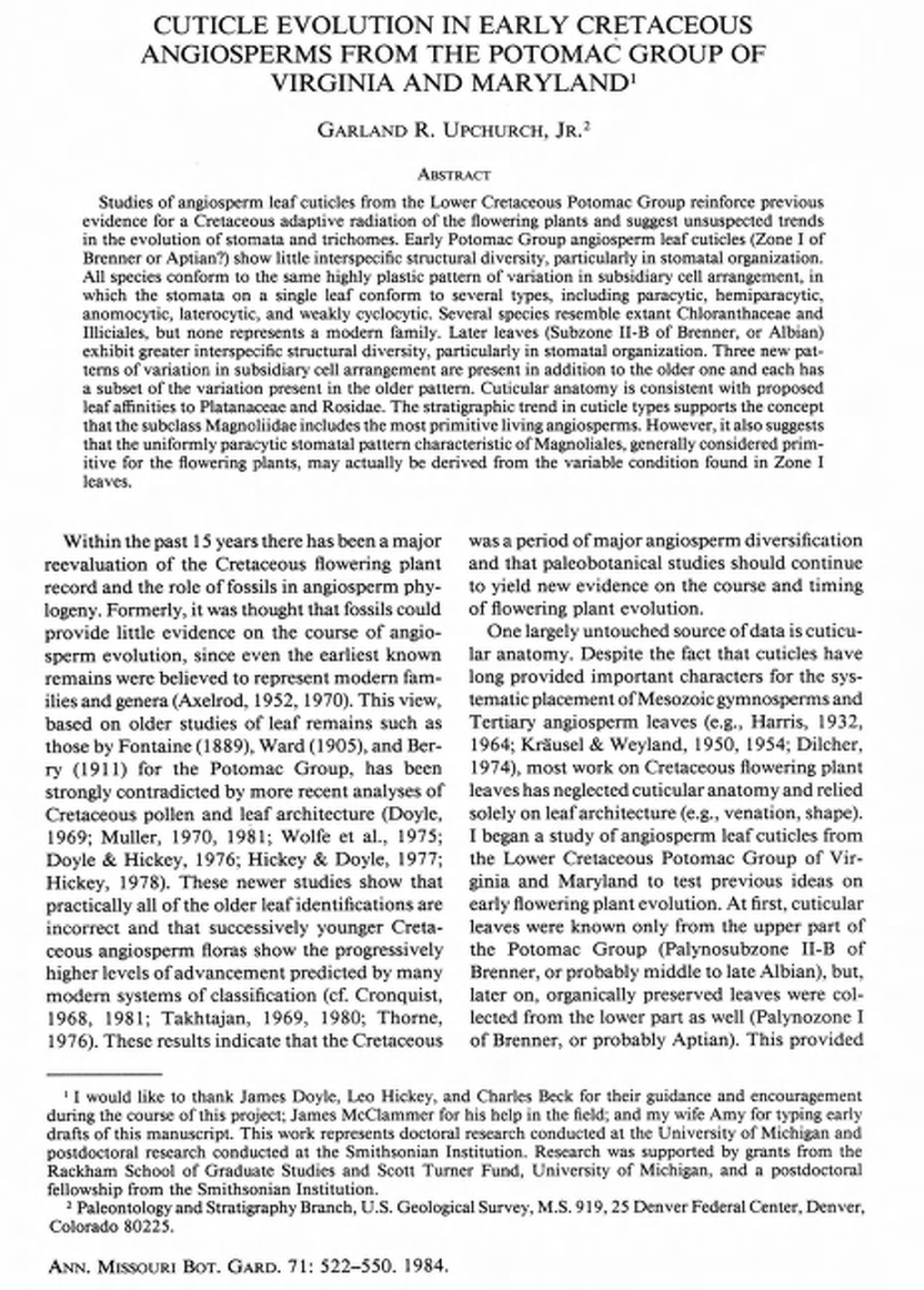 Cuticle Evolution in Early Cretaceous Angiosperms from the Potomac Group of Virginia and Maryland1