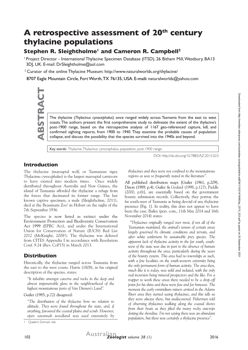 A Retrospective Assessment of 20Th Century Thylacine Populations Stephen R