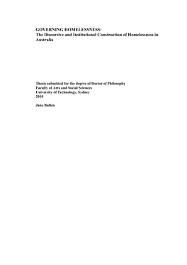 GOVERNING HOMELESSNESS: the Discursive and Institutional Construction of Homelessness in Australia