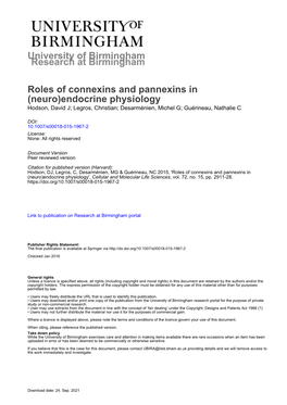 University of Birmingham Roles of Connexins and Pannexins in (Neuro