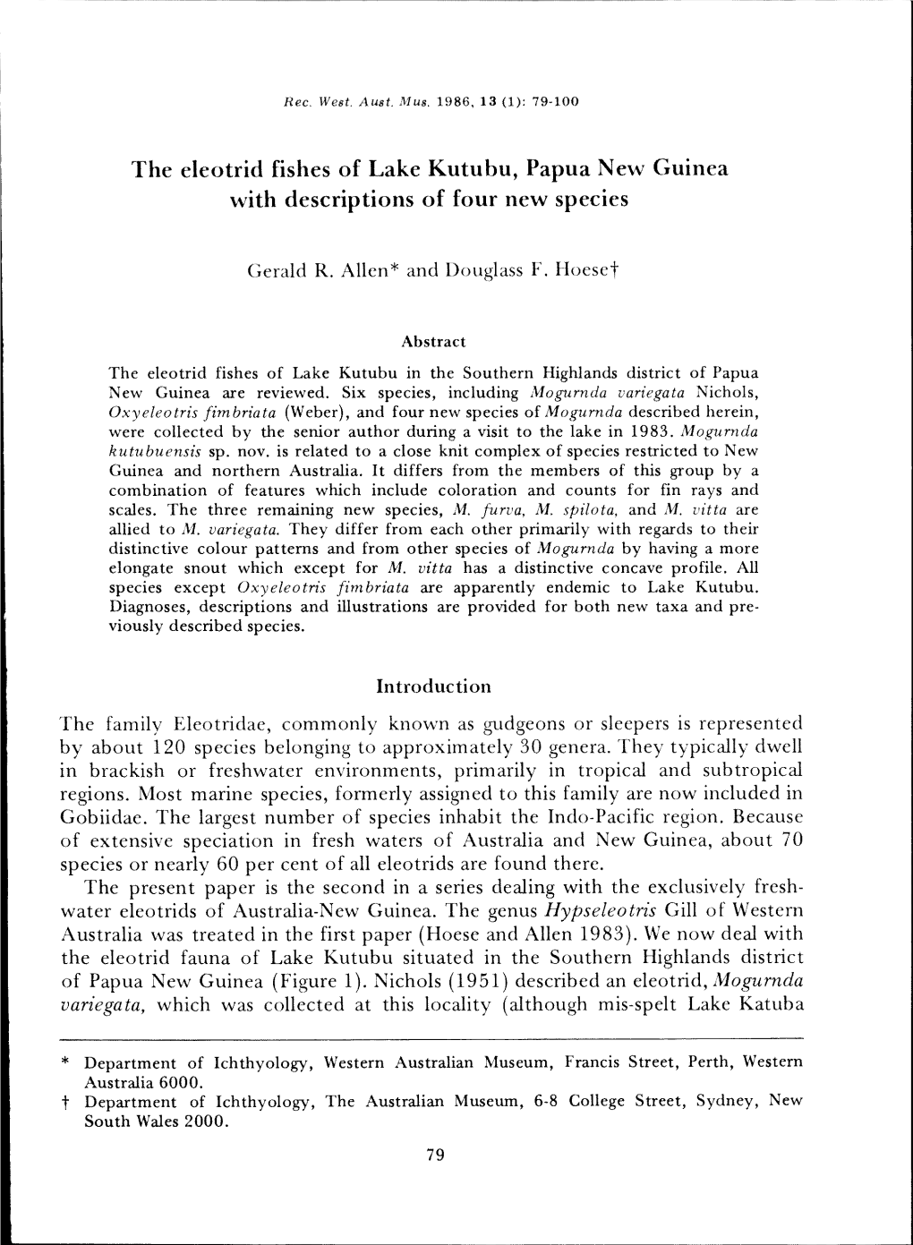 The Eleotrid Fishes of Lake Kutubu, Papua New Guinea with Descriptions of Four New Species