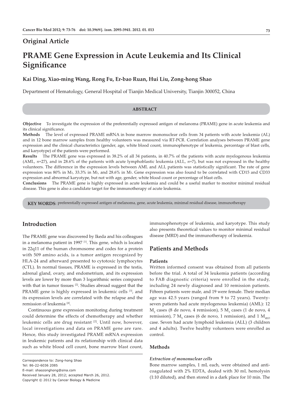 PRAME Gene Expression in Acute Leukemia and Its Clinical Significance