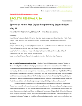 Spoleto at Home: Free Digital Programming Begins Friday, May 22 New and Archival Content May 22 to June 7, Online at Spoletousa.Org