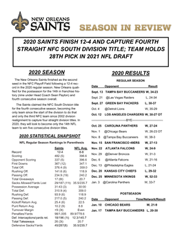 2020 Saints Finish 12-4 and Capture Fourth Straight Nfc South Division Title; Team Holds 28Th Pick in 2021 Nfl Draft