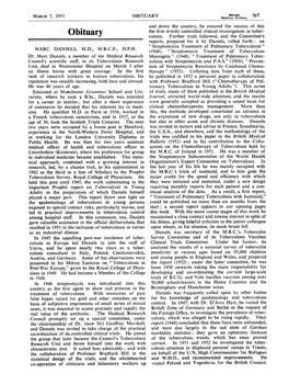 OBITUARY MEDICAL JOURNAL 567 and Down the Country, He Ensured the Success of This the First Strictly Controlled Clinical Investigation in Tuber- Obituary Culosis