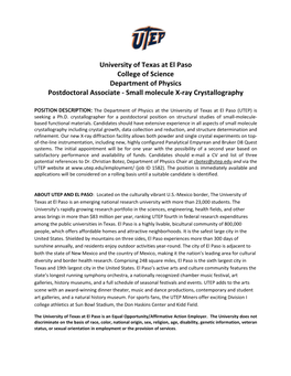 University of Texas at El Paso College of Science Department of Physics Postdoctoral Associate - Small Molecule X-Ray Crystallography