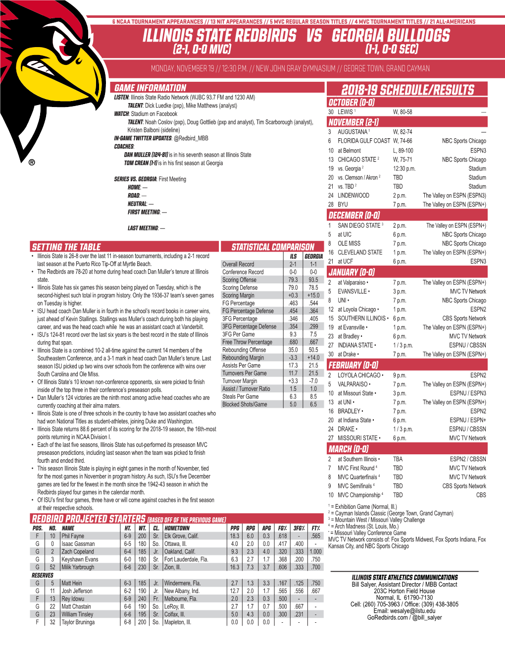 ILLINOIS STATE REDBIRDS Vs Georgia Bulldogs (2-1, 0-0 MVC) (1-1, 0-0 SEC) MONDAY, NOVEMBER 19 // 12:30 P.M