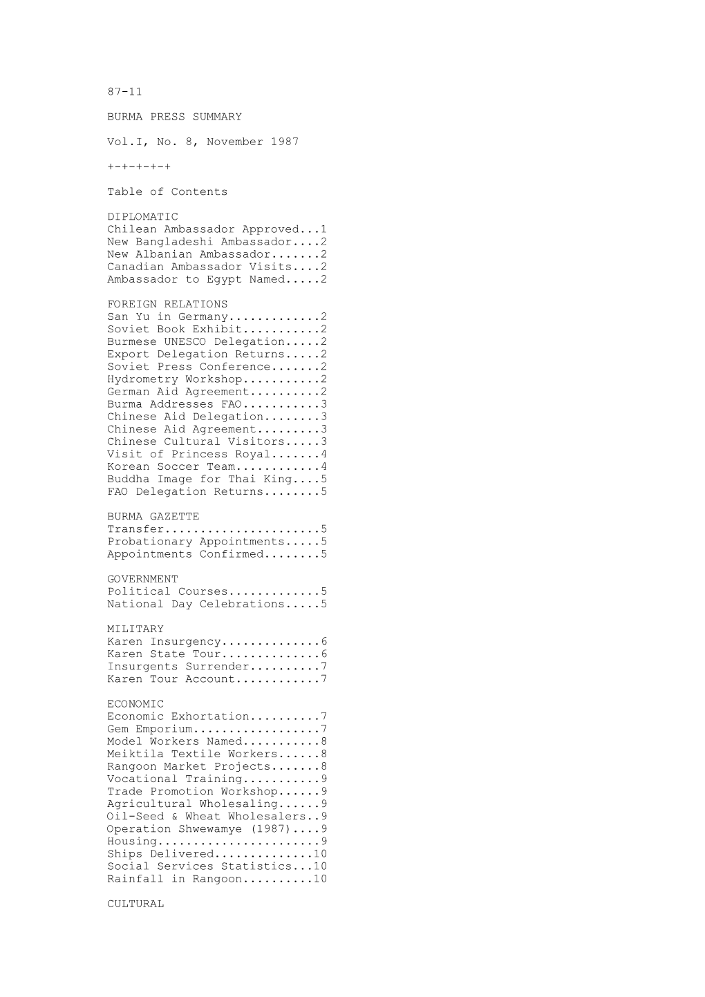 87-11 BURMA PRESS SUMMARY Vol.I, No. 8, November 1987 +-+-+-+-+