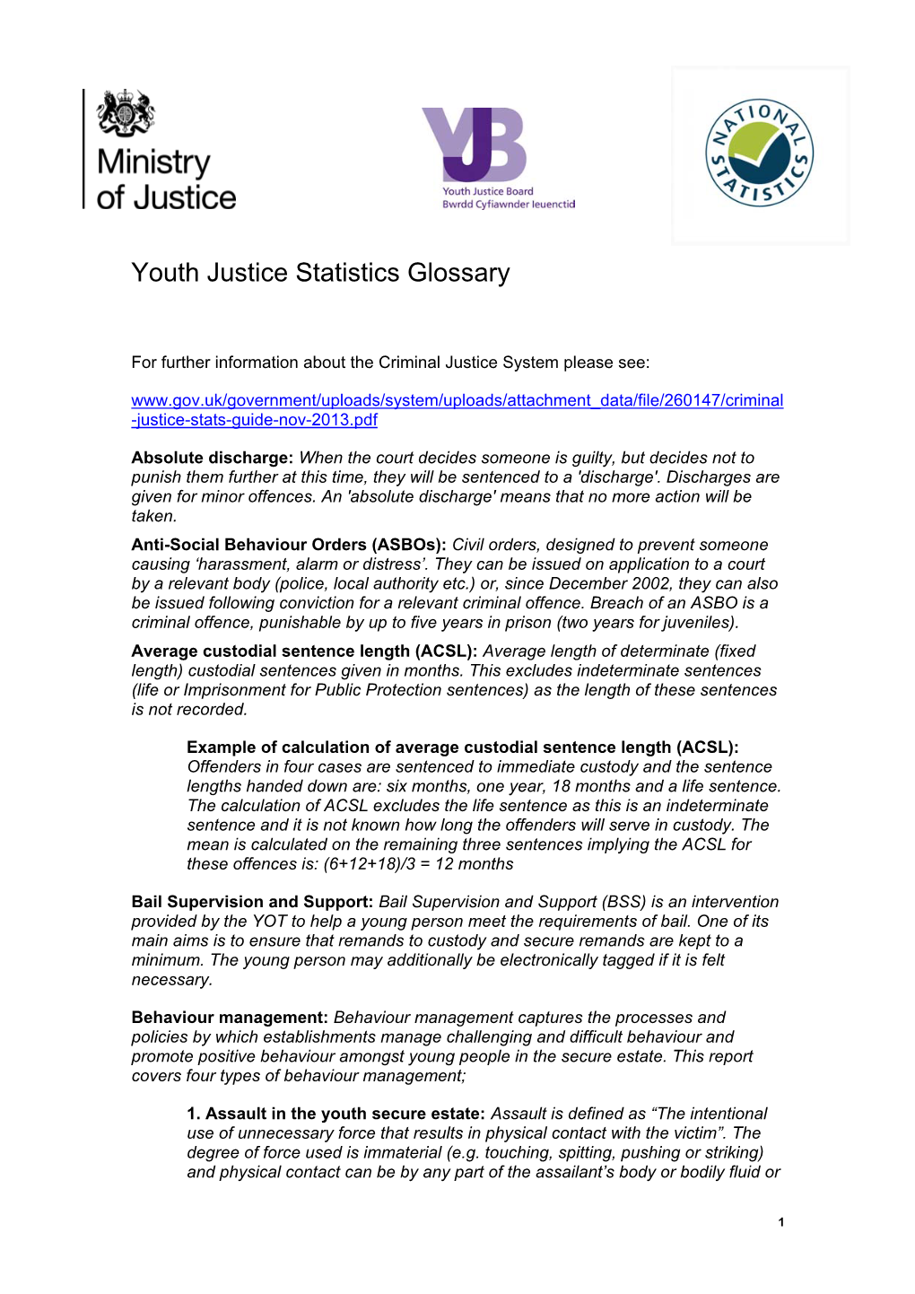 Youth Justice Statistics Glossary