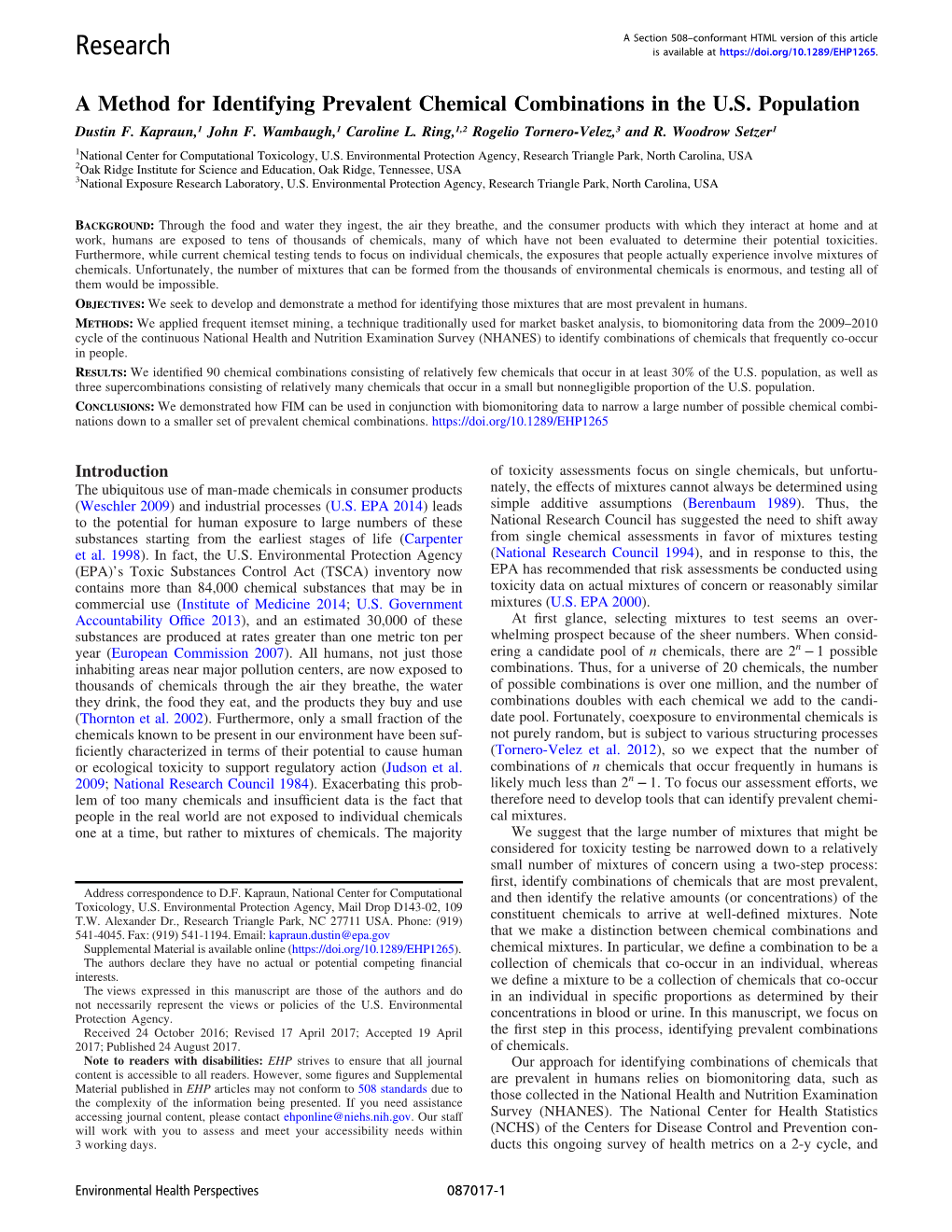 A Method for Identifying Prevalent Chemical Combinations in the U.S. Population Dustin F