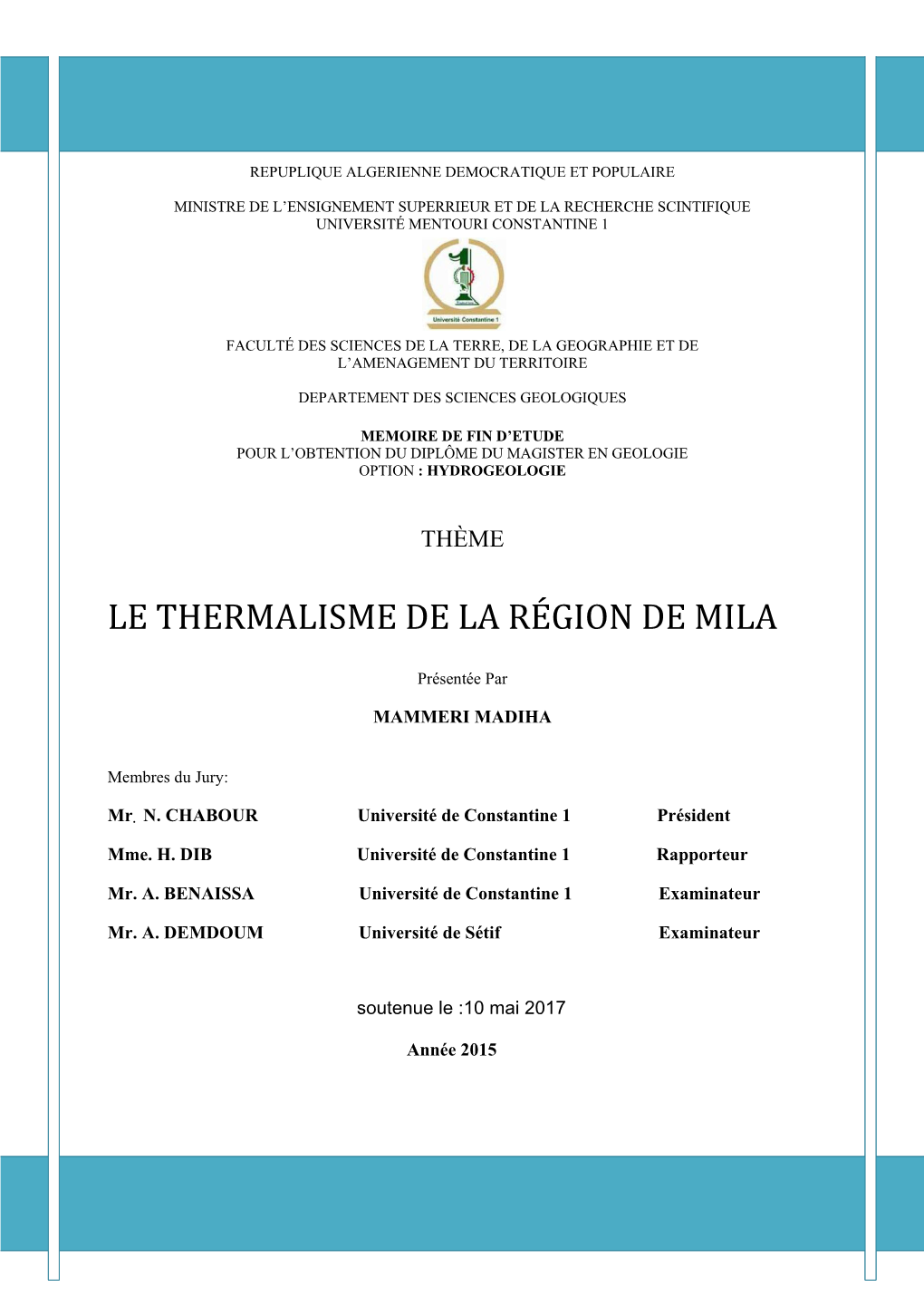 Le Thermalisme De La Région De Mila