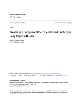 Russia Is a European State" : Gender and Publicity in Early Imperial Russia