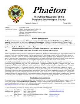 Phaëton the Official Newsletter of the Maryland Entomological Society