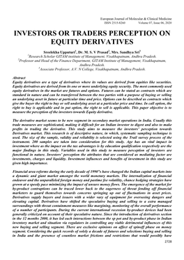 Investors Or Traders Perception on Equity Derivatives