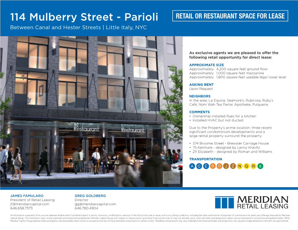 114 Mulberry Street - Parioli RETAIL OR RESTAURANT SPACE for LEASE Between Canal and Hester Streets | Little Italy, NYC