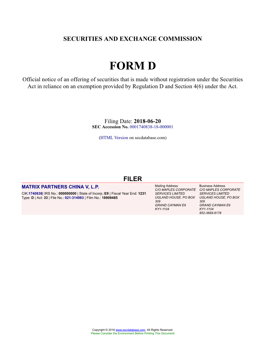 MATRIX PARTNERS CHINA V, LP Form D Filed