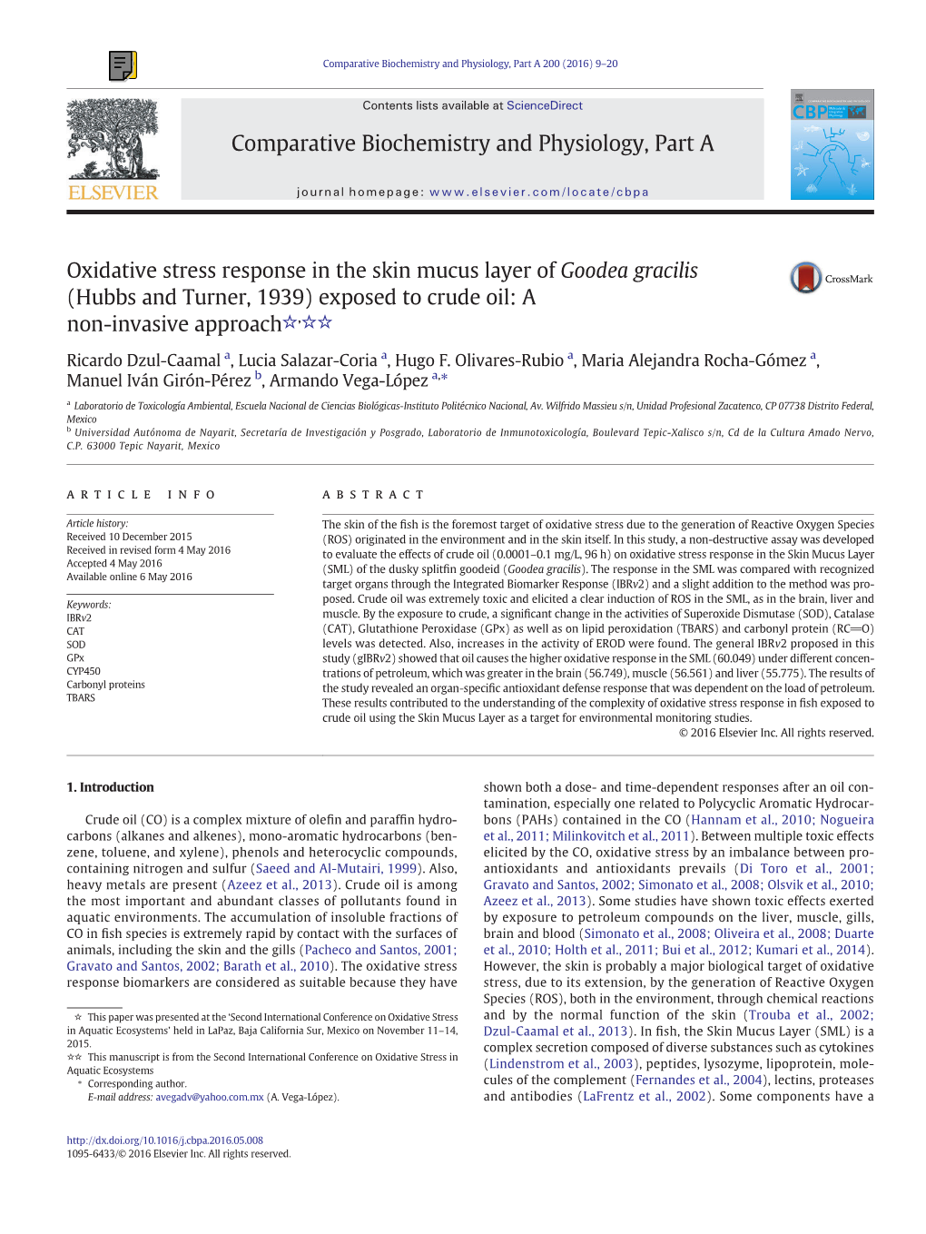 Oxidative Stress Response in the Skin Mucus Layer of Goodea Gracilis (Hubbs and Turner, 1939) Exposed to Crude Oil: a Non-Invasive Approach☆,☆☆