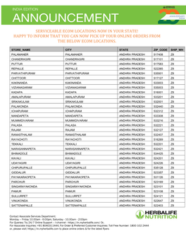 Serviceable Ecom Locations Now in Your State! Happy to Inform That You Can Now Pick up Your Online Orders from the Below Ecom Locations