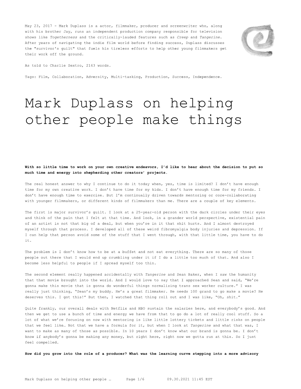 Mark Duplass on Helping Other People Make Things