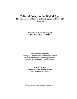 Cultural Policy in the Digital Age: the Emergence of Fans As Political Agents in Copyright Discourse