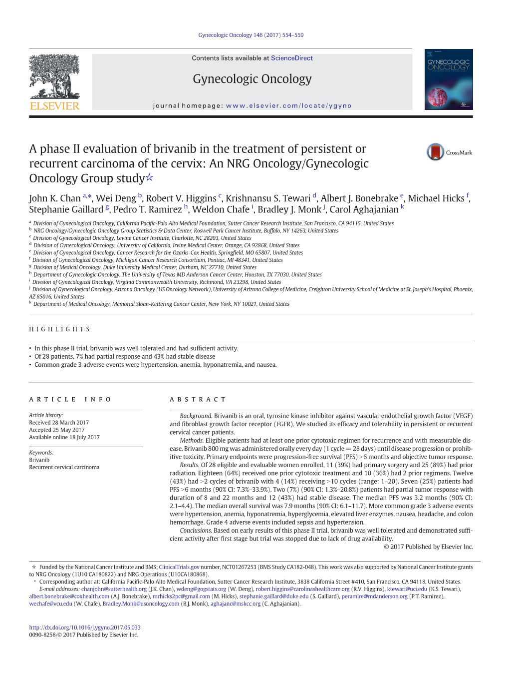 A Phase II Evaluation of Brivanib in the Treatment of Persistent Or Recurrent Carcinoma of the Cervix: an NRG Oncology/Gynecologic Oncology Group Study☆