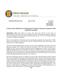 Veteran Actor Jim Beaver to Be Honored at Vietnam Veterans of America’S 19Th National Convention