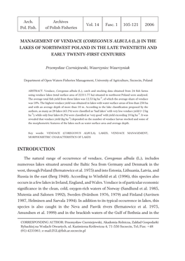 Management of Vendace (Coregonus Albula (L.)) in the Lakes of Northwest Poland in the Late Twentieth and Early Twenty-First Centuries