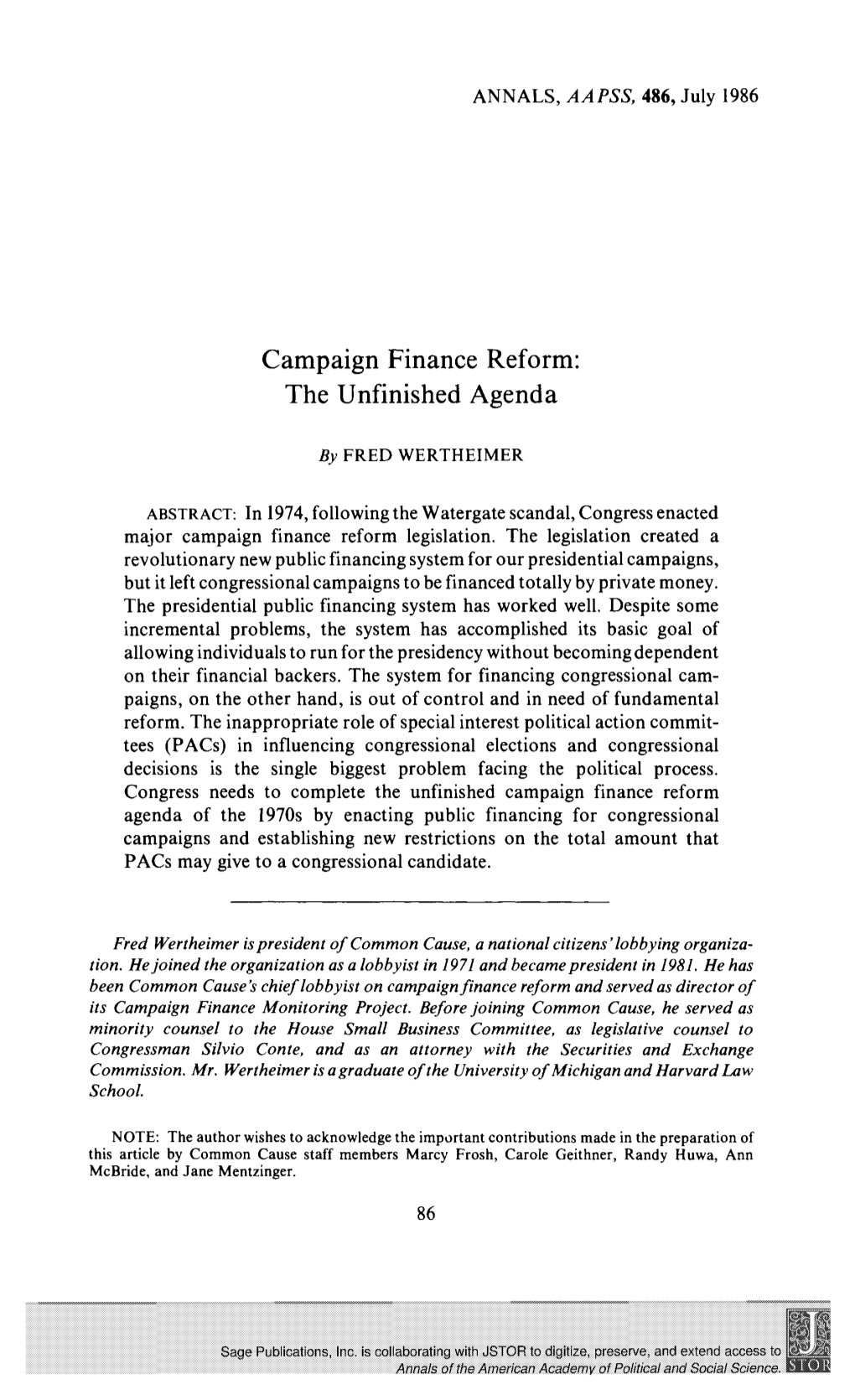 Campaign Finance Reform: the Unfinished Agenda