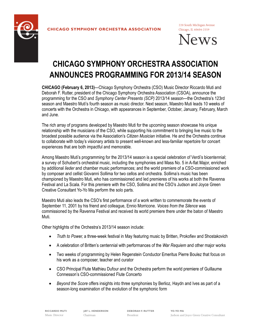 Chicago Symphony Orchestra Association Announces Programming for 2013/14 Season