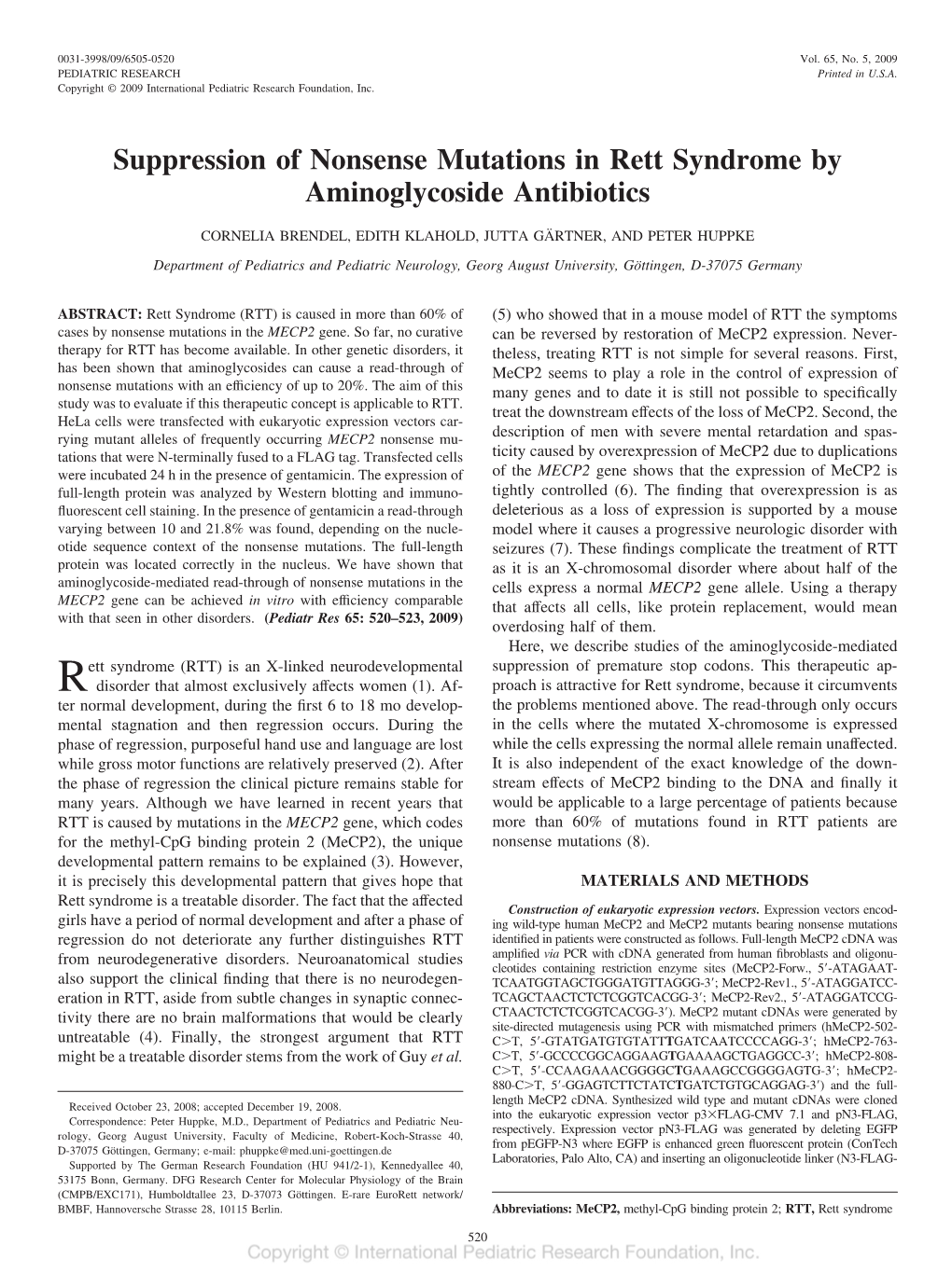 Suppression of Nonsense Mutations in Rett Syndrome by Aminoglycoside Antibiotics