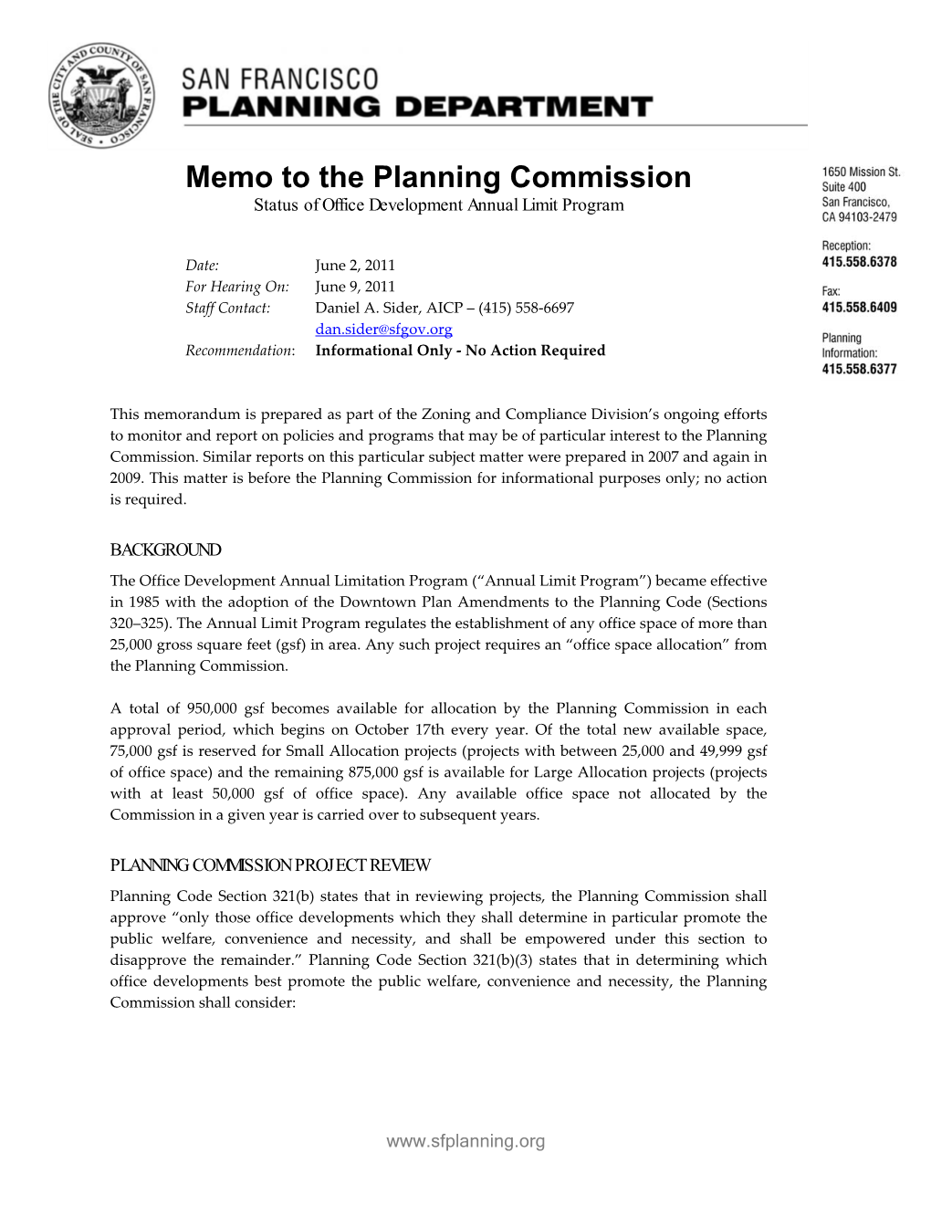 Memo to the Planning Commission Status of Office Development Annual Limit Program