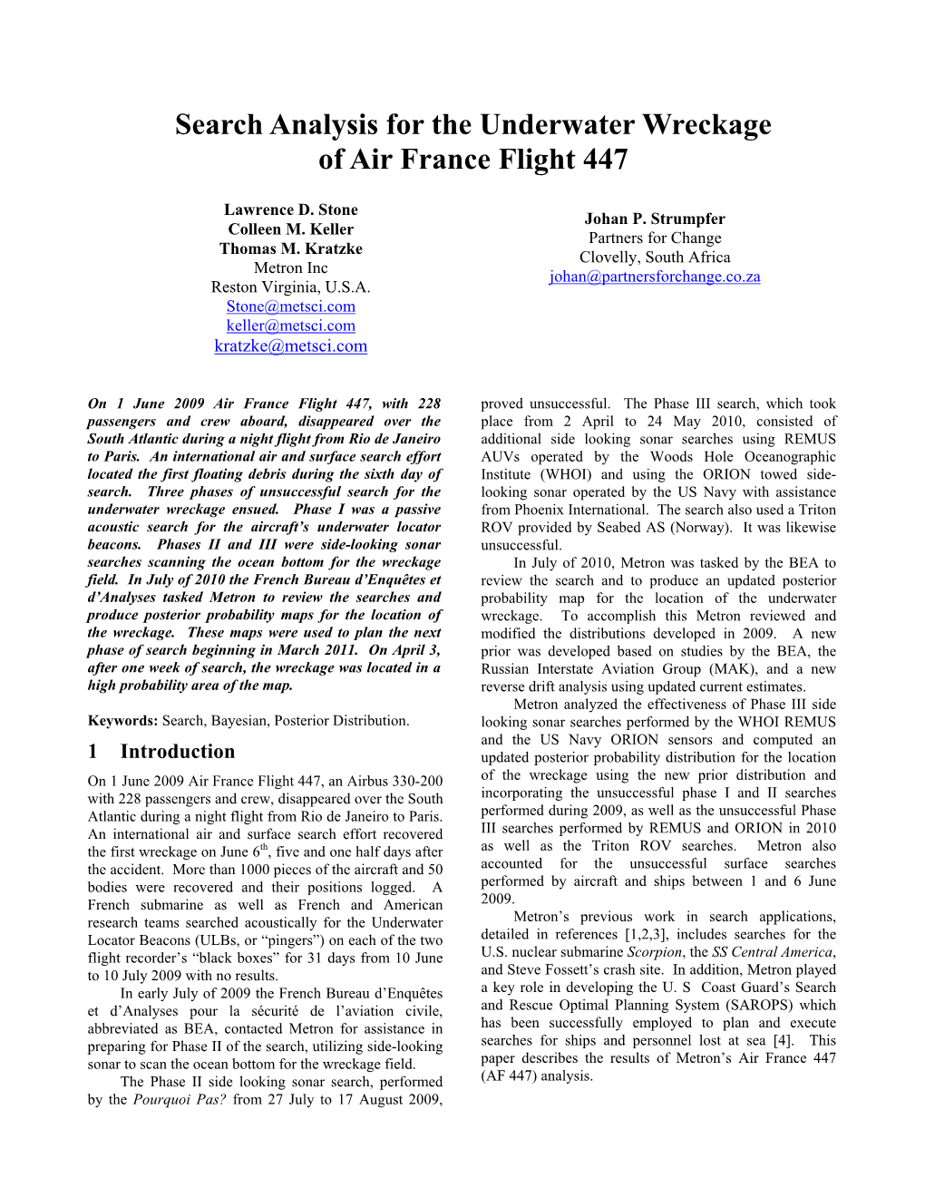 Search Analysis for the Underwater Wreckage of Air France Flight 447